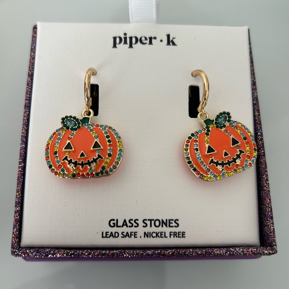 Piper K Halloween Pumpkin charm gold Hoop Earrings